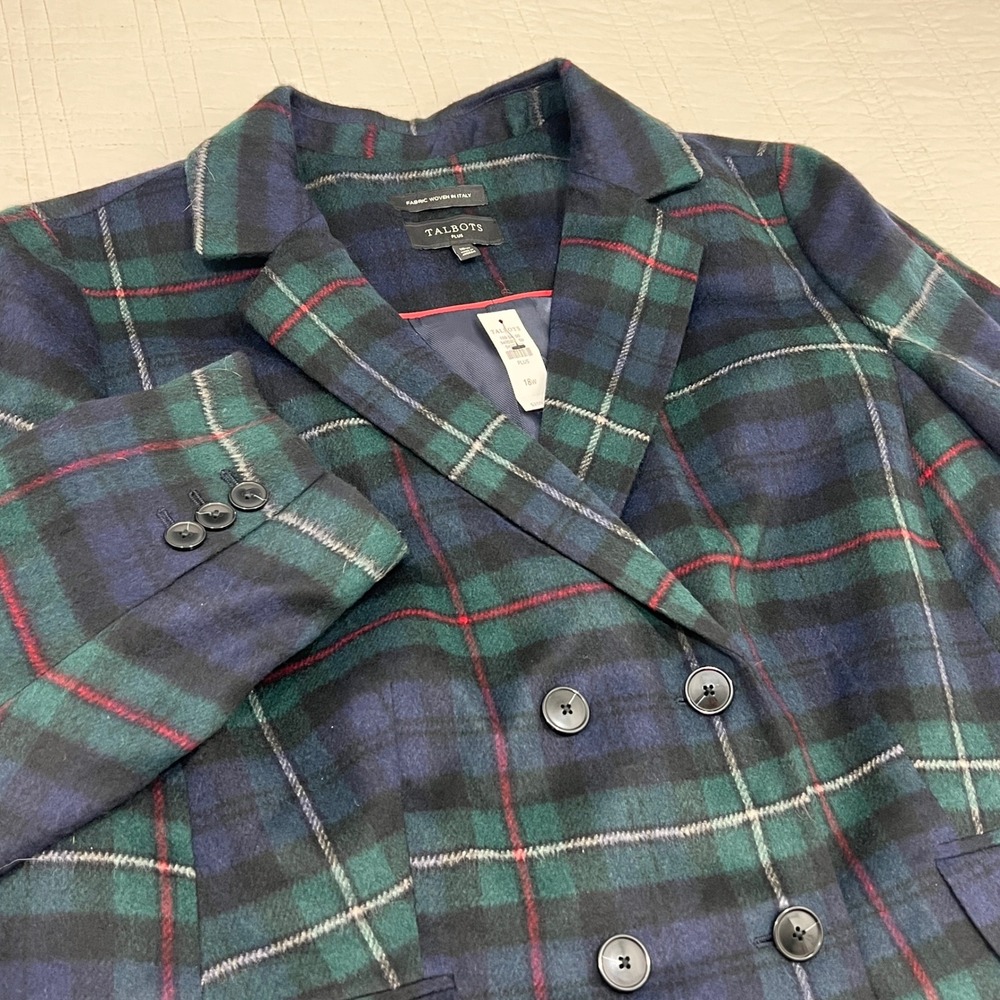 Talbots Plus 18W Black Watch Plaid Wool Blend Double Breasted Coat/Blazer NWT